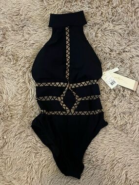 NWT Vintage Gottex Black One-Piece Swimsuit with Tan Mesh Trim